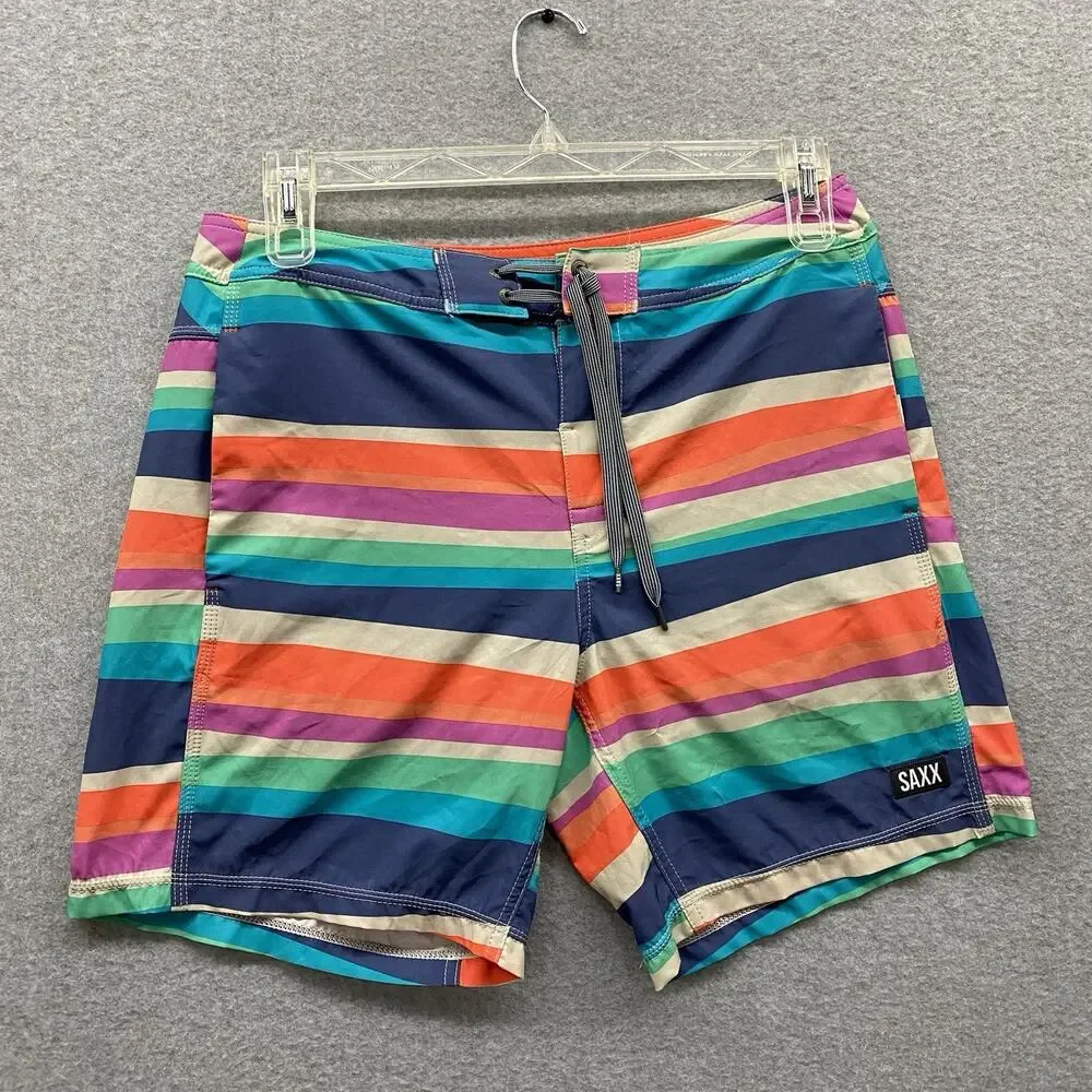 SAXX Betawave 2N1 Board Shorts 32 Striped Swim Trunks BallPark Pouch Stretch